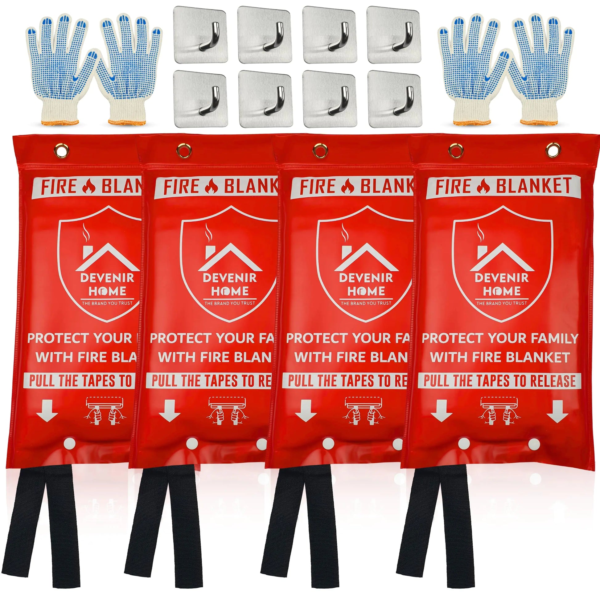 Devenir Home XL Fire Safety Blanket Kit - 48”x48” 4-Pack with Hooks & Gloves
