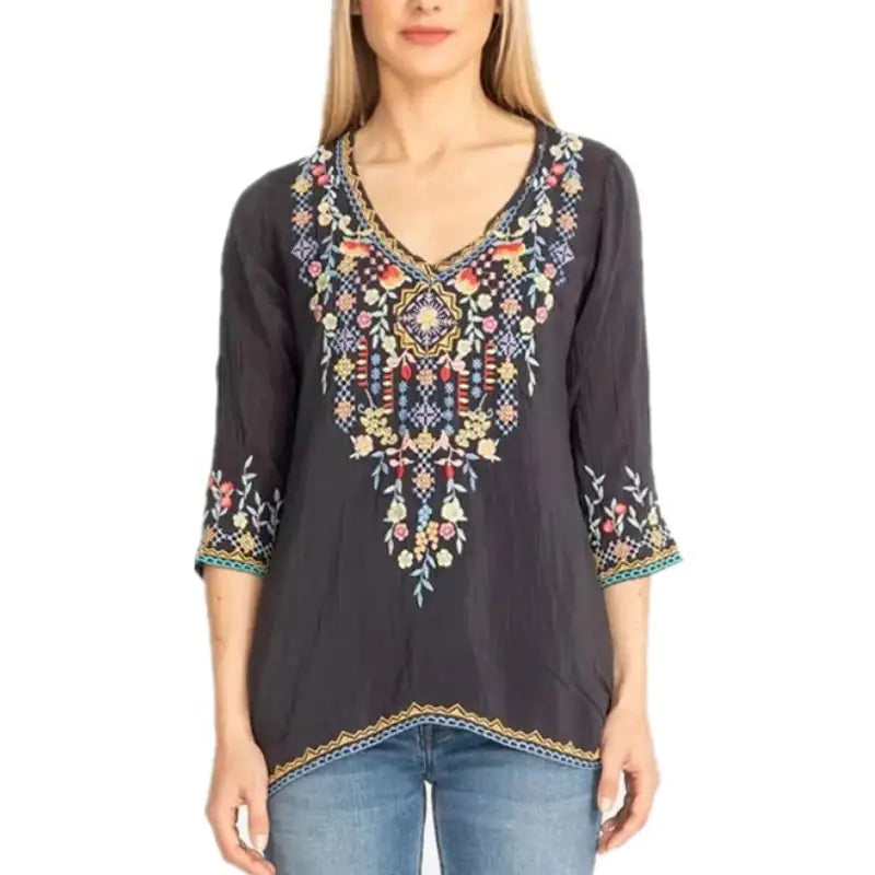 Private Garden Embroidered Tunic Tops In Vivid Colors