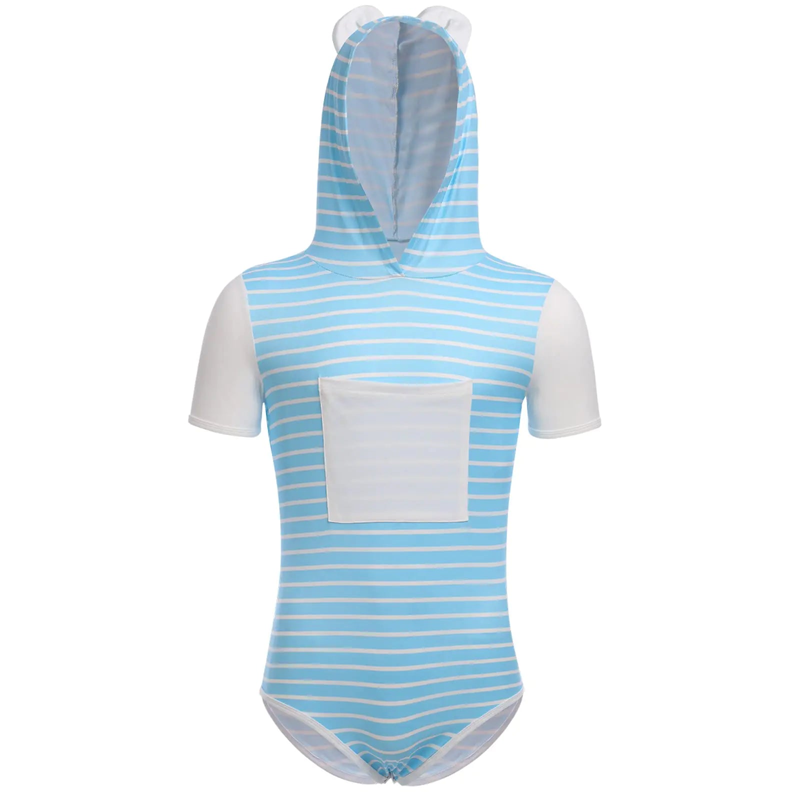 FYMNSI Mens One Piece Romper Pajamas Cute Ears Hoodie Short Sleeve Bodysuit Pjs Jumpsuit Rompers Leotard Tops Front Pocket Adult Baby Diaper Lover ABDL Clothing Sleepwear Blue - Striped Hooded M