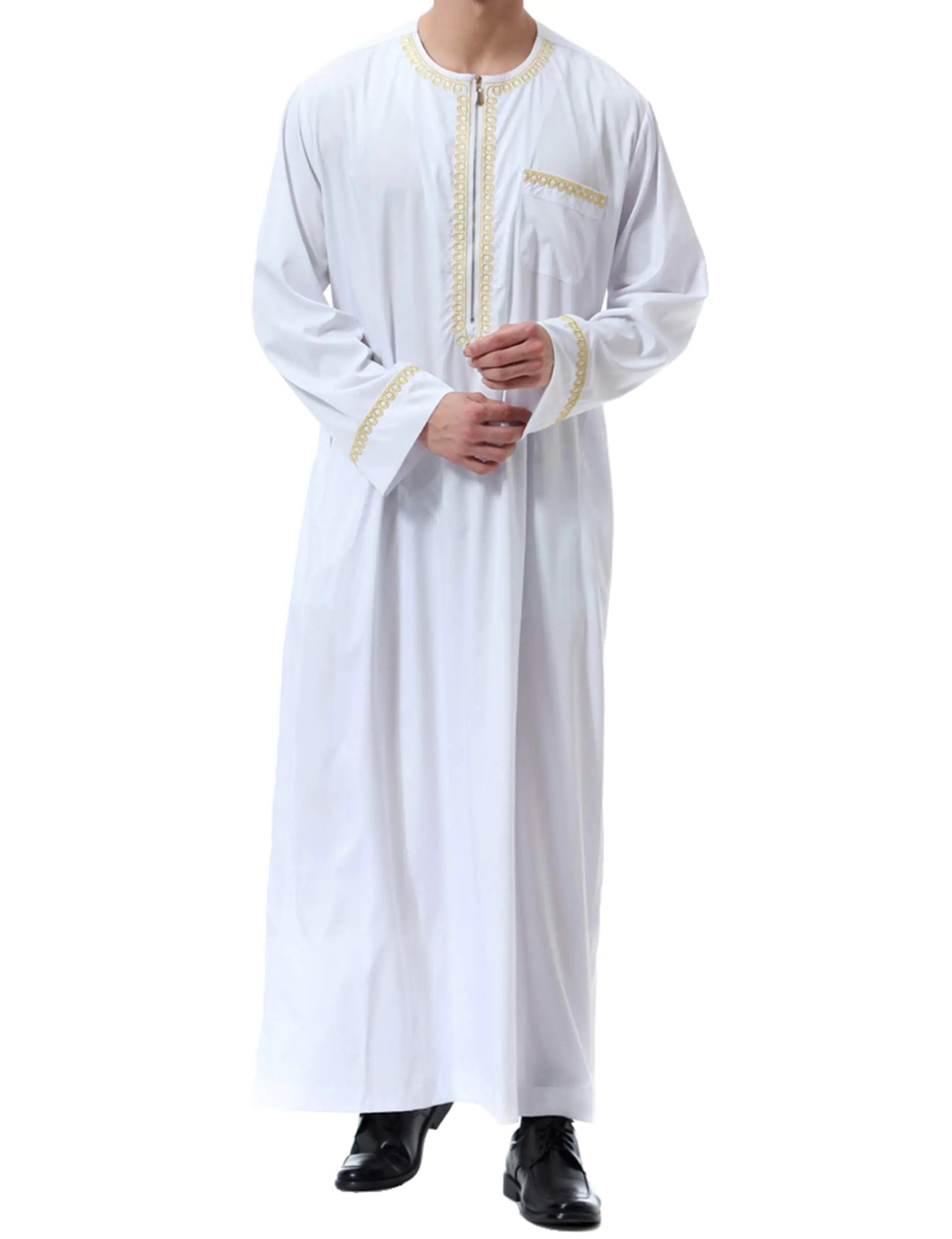 Islamic Mens Clothing Kaftan Maxi-Muslim Male Shirt Long Sleeve Abaya Dubai Cotton (WhiteL)