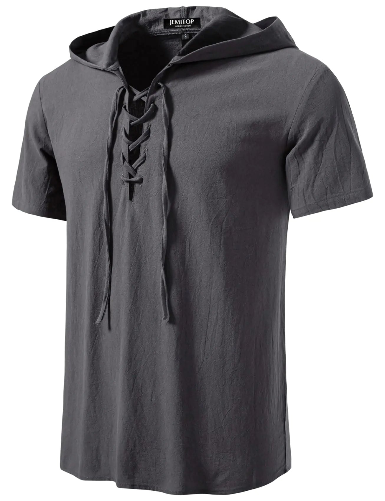 JEMITOP Mens Vintage Renaissance Costume Hooded Short Sleeve Lace up Shirts for Pirate Viking Medieval Vampire Halloween Cosplay Clothing Grey L